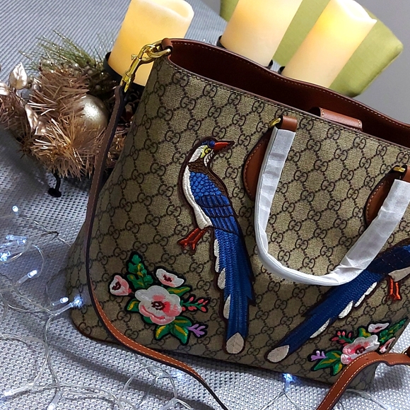 Gucci GG Supreme Peacock Brown Tote Leather Floral Bag Bird Handbag - Picture 11 of 12